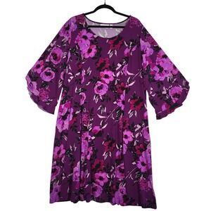 Susan Graver Liquid Knit Purple Floral A-Line Midi Dress Ruffle Sleeve 2X Spring